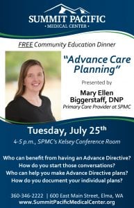 Community Education Dinner: Advance Care Planning @ Summit Pacific Medical Center's Kelsey Conference Room | Elma | Washington | United States