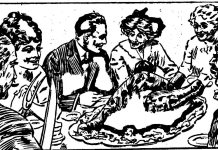 black and white drawing of people enjoying a Thanksgiving meal