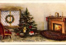 a postcard with a drawing of a fireplace with a christmas tree next to it and a window with a wreath